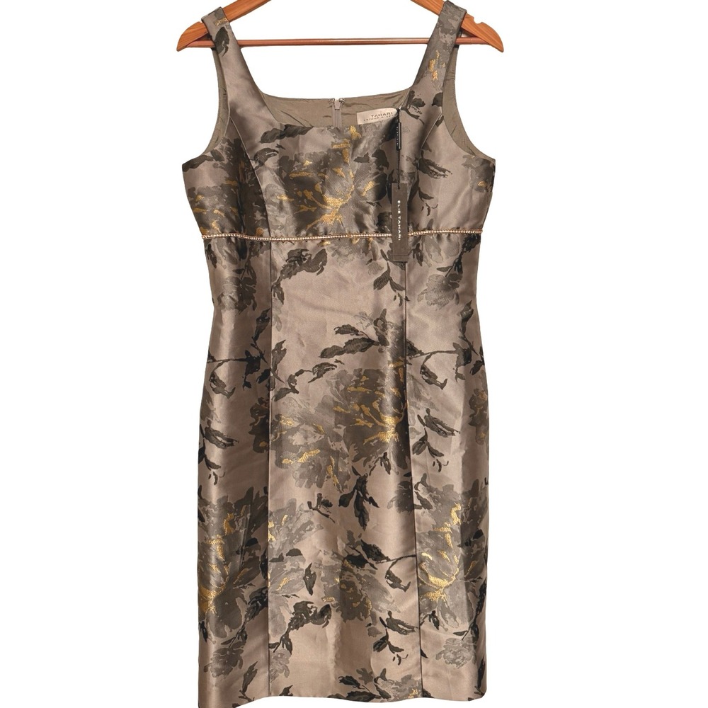 NWT Tahari Sheath Dress 8 Gray Gold Floral Silk Jacquard Glam Luxe Old Money Y2K